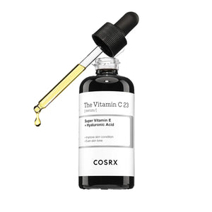 COSRX Vitamin C 23% serum bottle with dropper showing golden vitamin C serum texture
