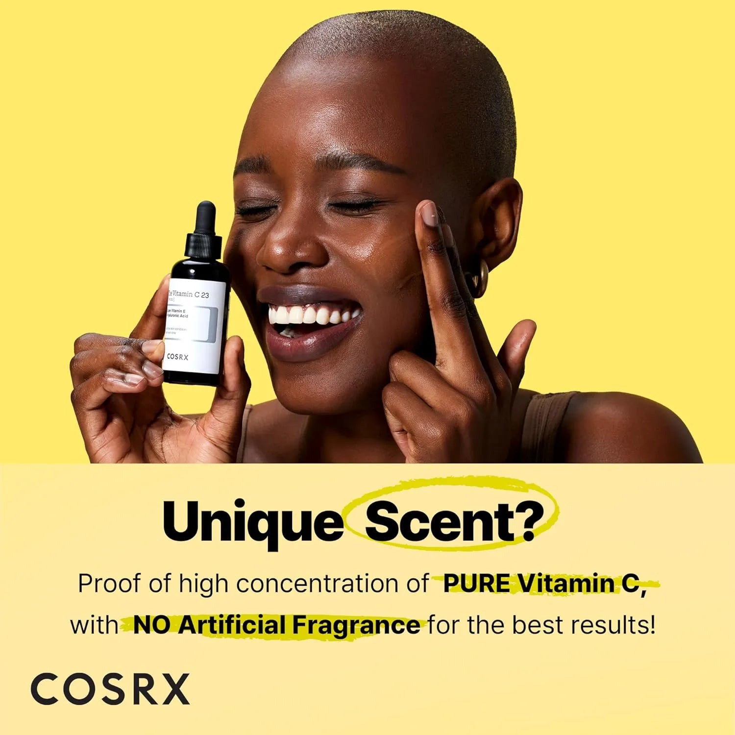 Model holding COSRX Vitamin C 23% serum demonstrating brightening skincare routine