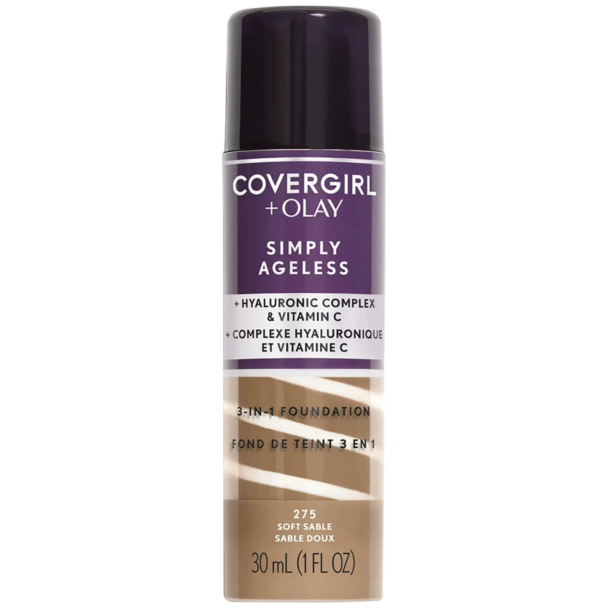 CoverGirl + Olay Simply Ageless foundation bottle on a white background