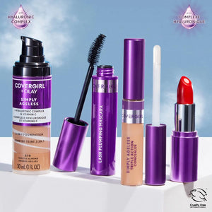 Makeup products including a foundation, mascara, concealer, and lipstick with purple accents on a light blue background.