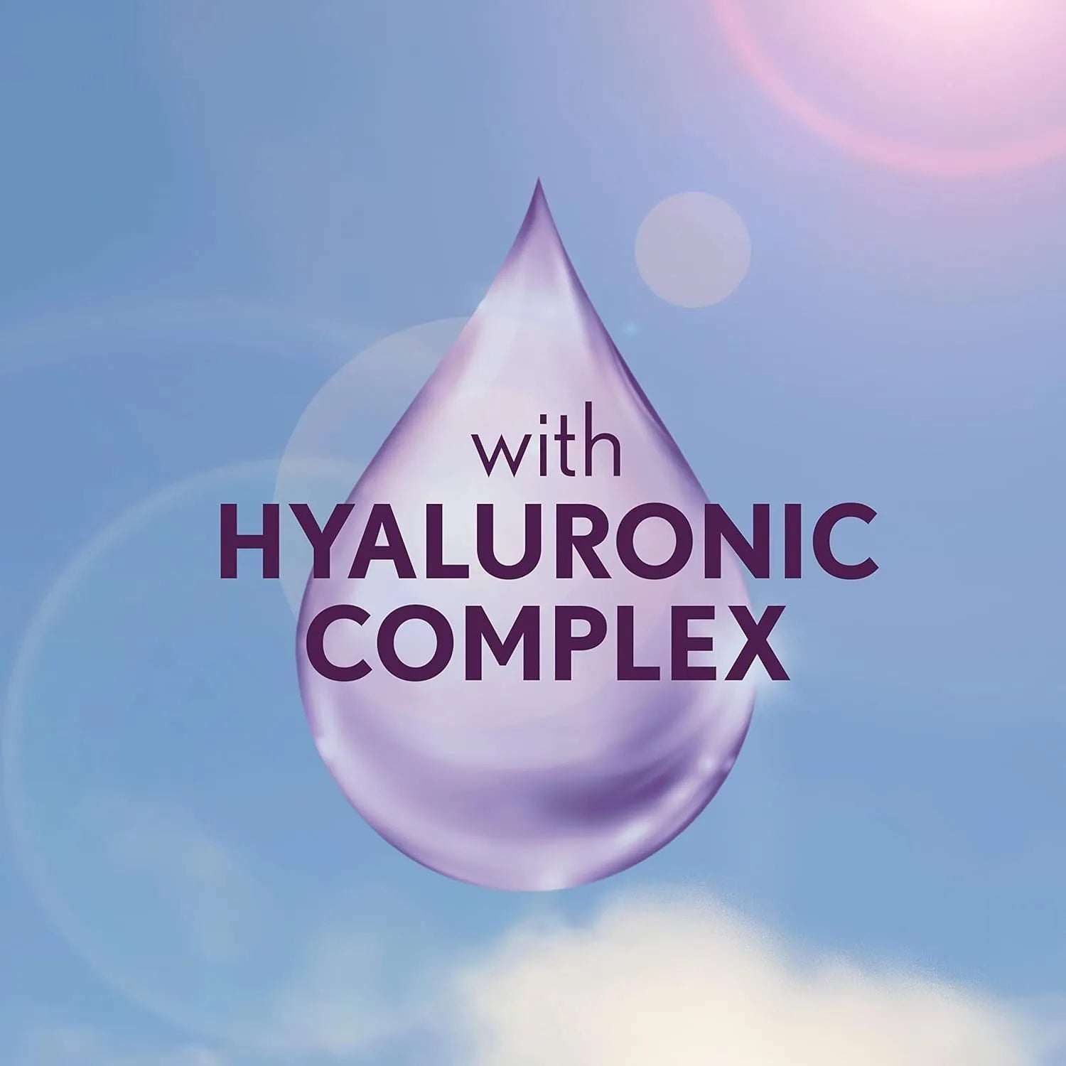 Purple droplet with 'with HYALURONIC COMPLEX' text on a blurred background