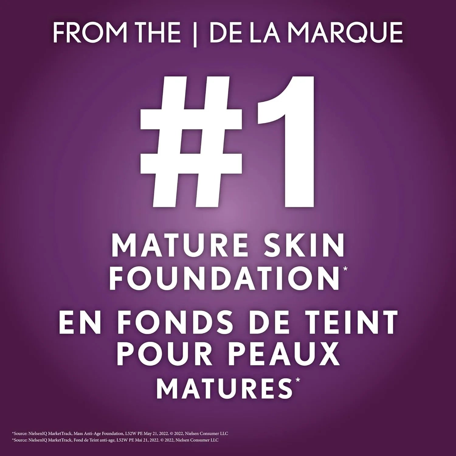 Advertisement for a mature skin foundation with '#1' and brand name on a purple background