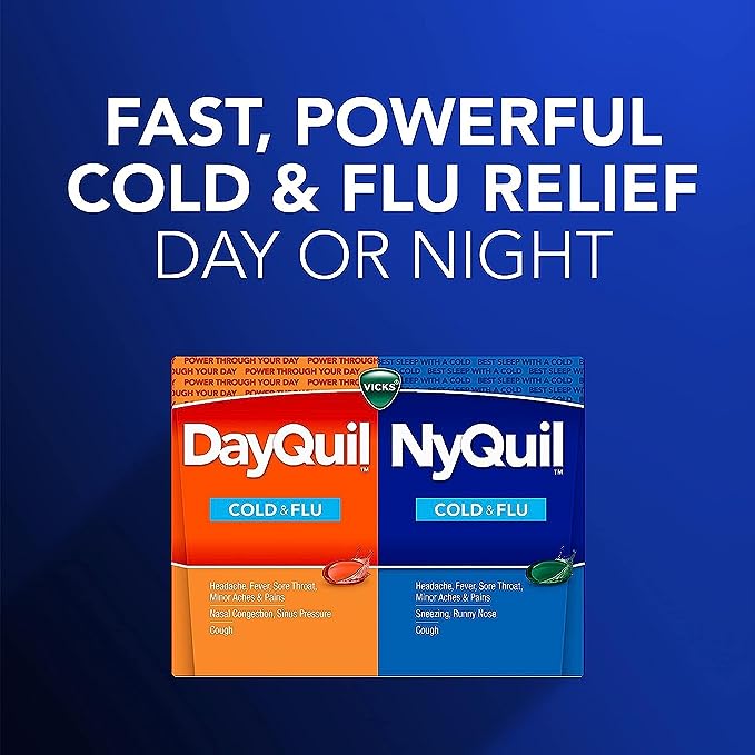 Vicks DayQuil and NyQuil Combo Pack, Cold & Flu Medicine, Powerful Multi-Symptom Daytime And Nighttime Relief For Headache, Fever, Sore Throat, Cough, 72 Count, 48 DayQuil, 24 NyQuil Liquicaps