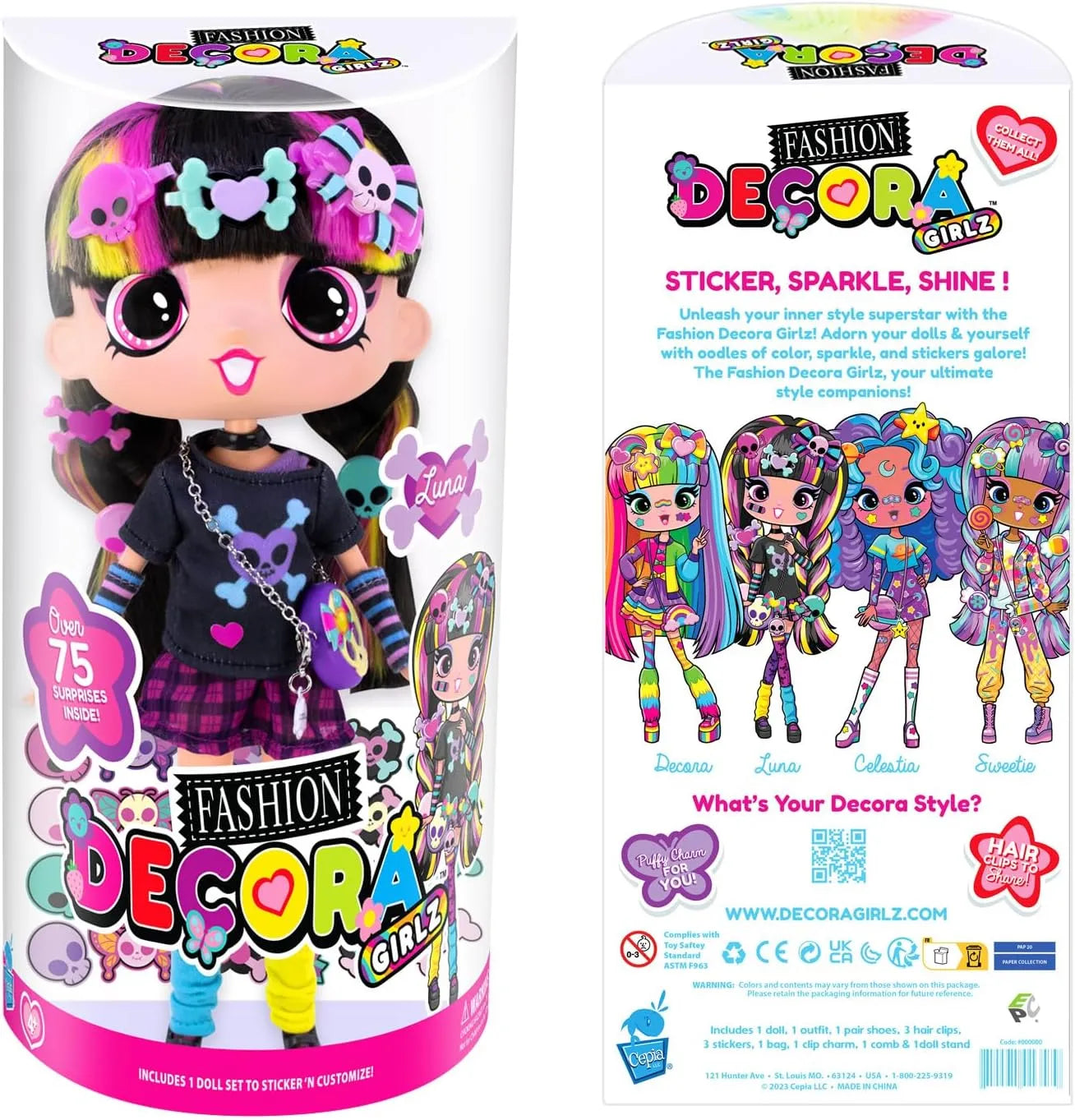 Front and back view of Decora Fashion Girlz Luna 11 inch doll retail packaging