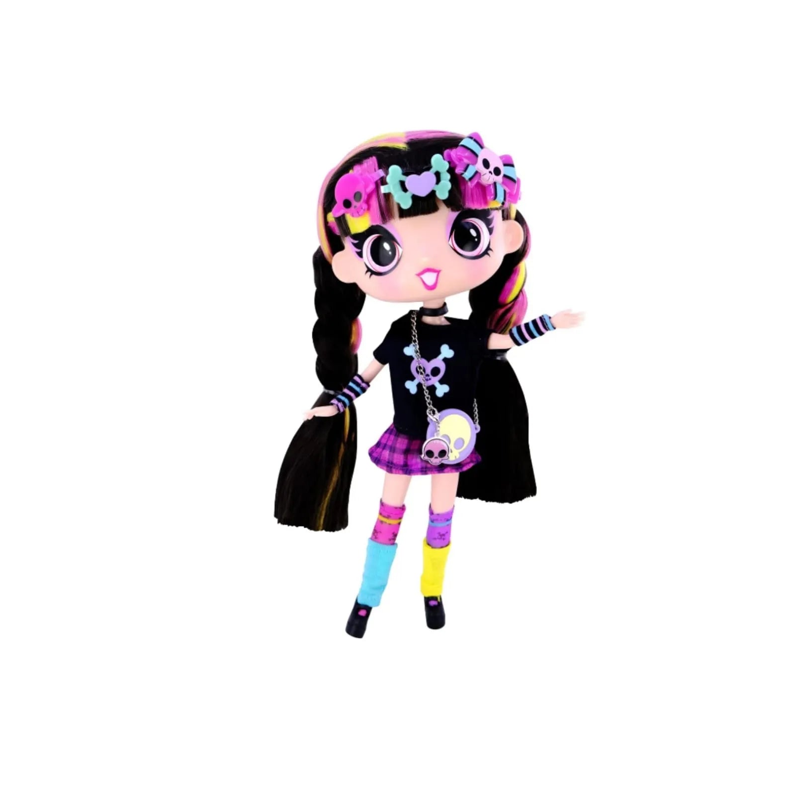 Close-up of Decora Fashion Girlz Luna 11 inch fashion doll wearing black top and pink skirt