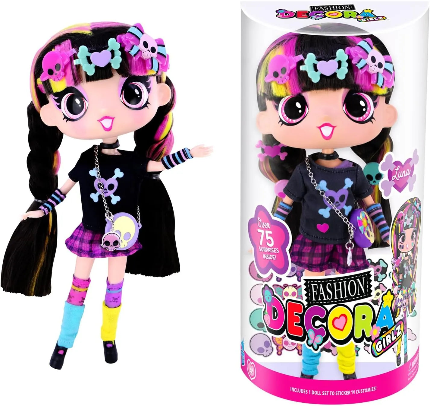 Decora Fashion Girlz Luna 11 inch doll shown next to original retail packaging