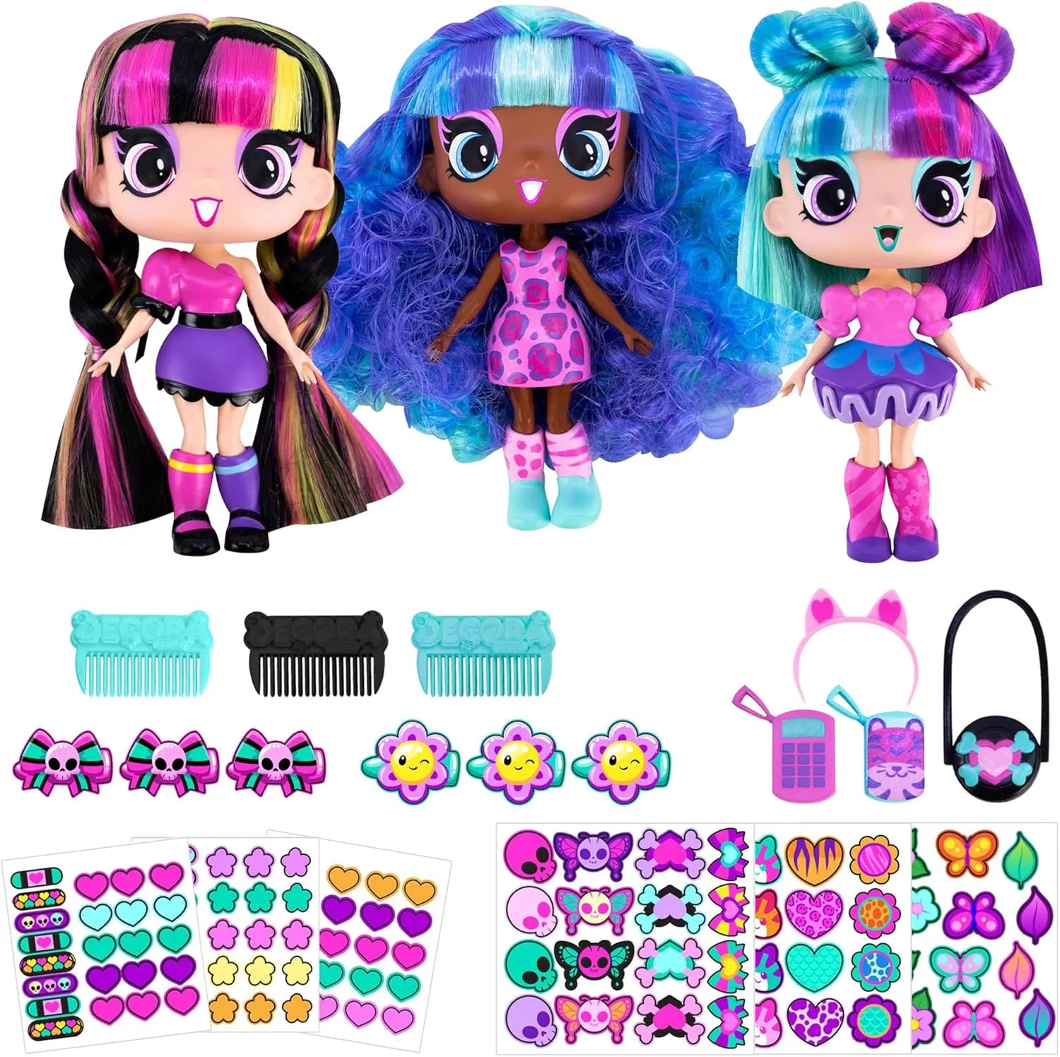 Three colorful dolls with accessories on a white background