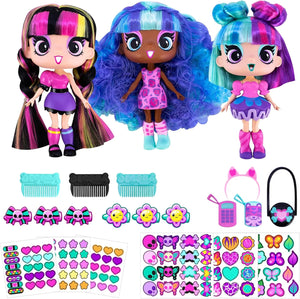 Three colorful dolls with accessories on a white background