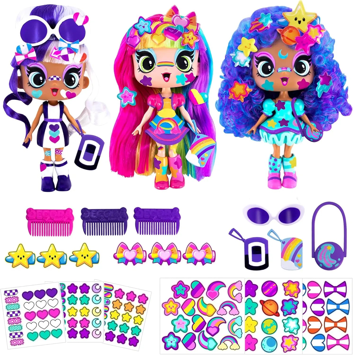 Three colorful dolls with accessories on a white background