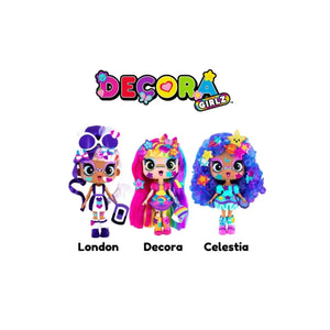 Three colorful dolls with decorative hairstyles and outfits, featuring the 'Decora Girlz' brand.