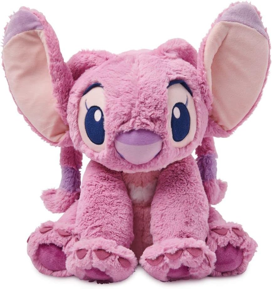 Front view of Disney Store Angel medium soft toy with embroidered eyes, soft fuzzy texture, and large flexible floppy ears.