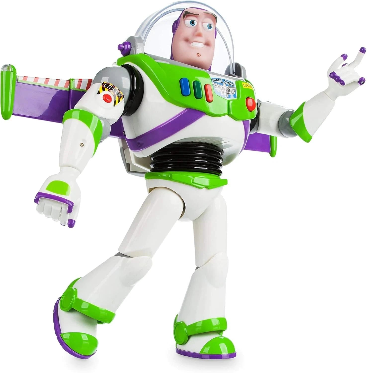 Disney Store Buzz Lightyear talking action figure in dynamic pose with extended wings and detailed Toy Story design