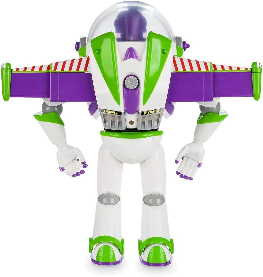 Back view of Disney Store Buzz Lightyear interactive action figure showing extended wings and detailed jetpack design