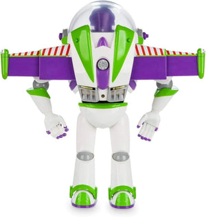 Back view of Disney Store Buzz Lightyear interactive action figure showing extended wings and detailed jetpack design