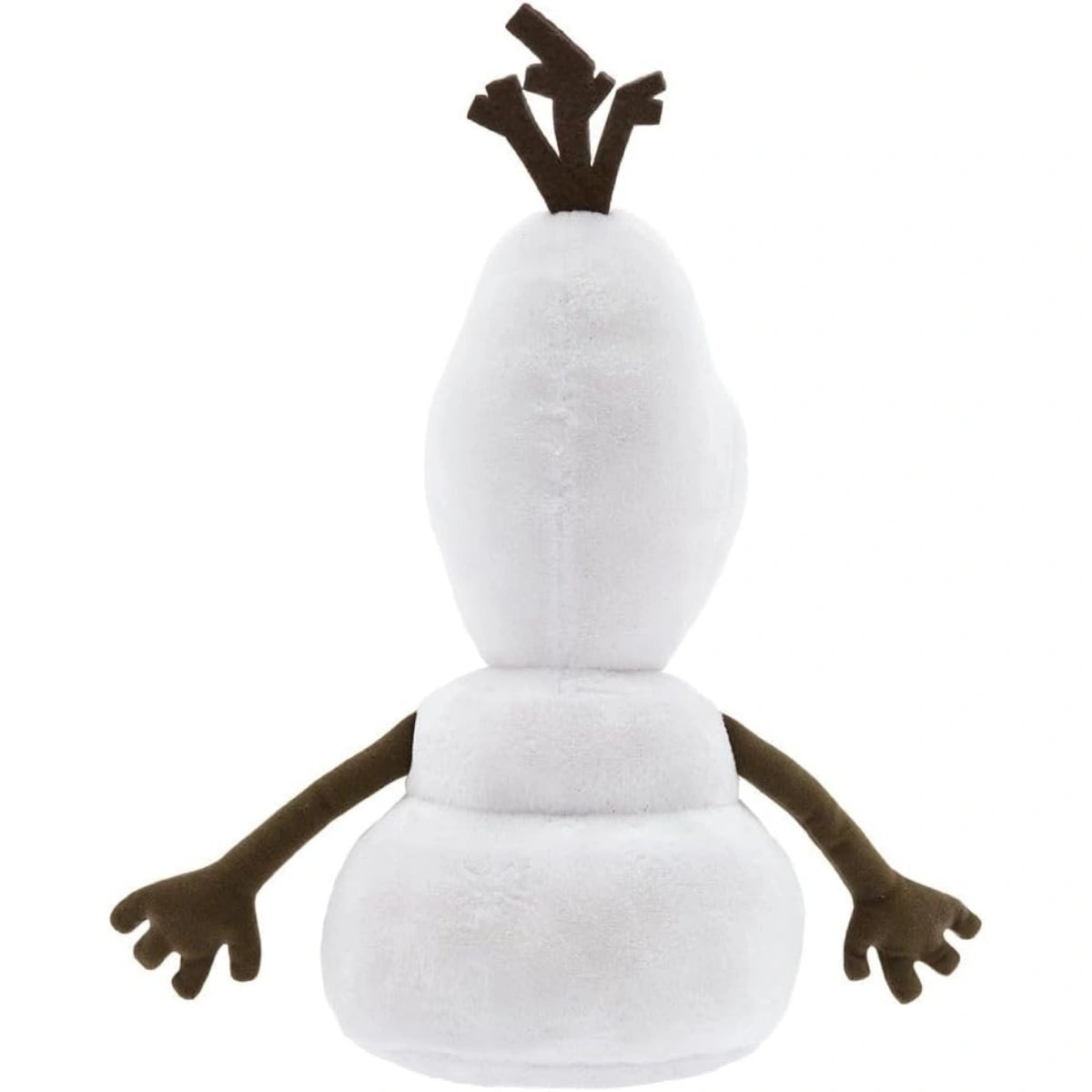 Disney Store Olaf medium soft toy back view showing white plush body, twig hair and brown stick arms from Frozen.