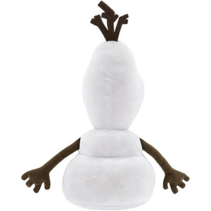 Disney Store Olaf medium soft toy back view showing white plush body, twig hair and brown stick arms from Frozen.