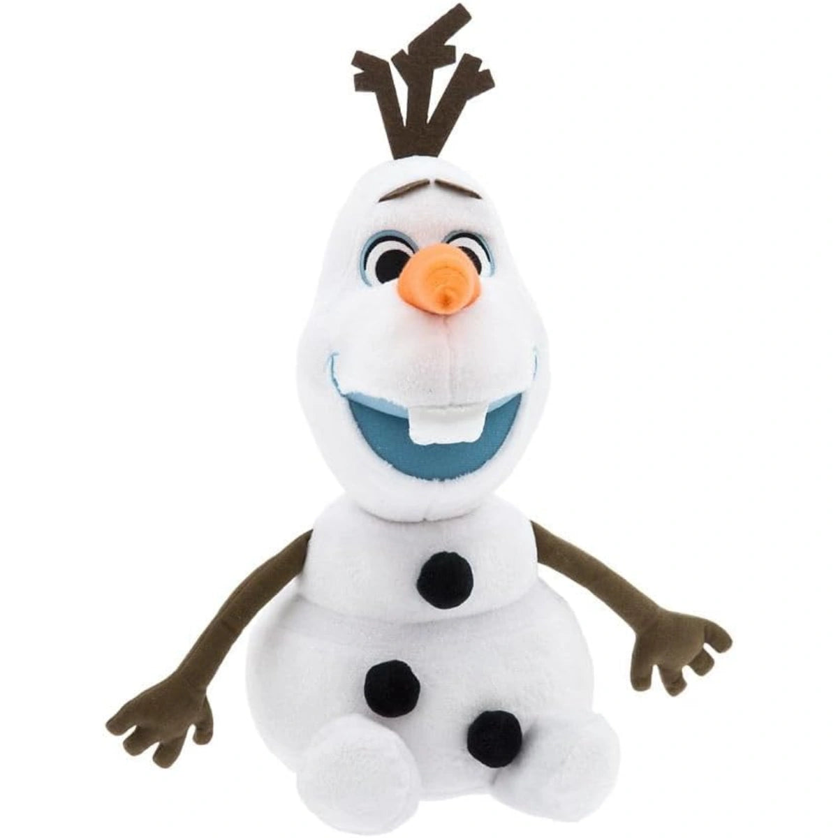Disney Store Olaf medium soft toy front view with embroidered eyes, satin tooth, carrot nose and soft plush texture.