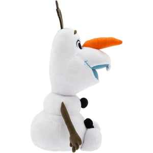 Side profile of Disney Store Olaf plush toy featuring carrot nose, embroidered smile and soft white fabric.