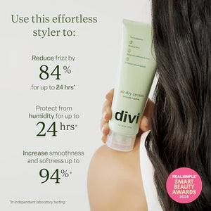 Divi Air Dry Styling Cream tube highlighting 24-hour frizz control, humidity protection, increased smoothness, and Real Simple Smart Beauty Award recognition.