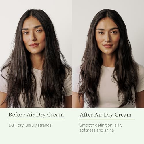 Before and after comparison of Divi Air Dry Styling Cream showing reduced frizz, improved smoothness, shine, and defined natural texture.