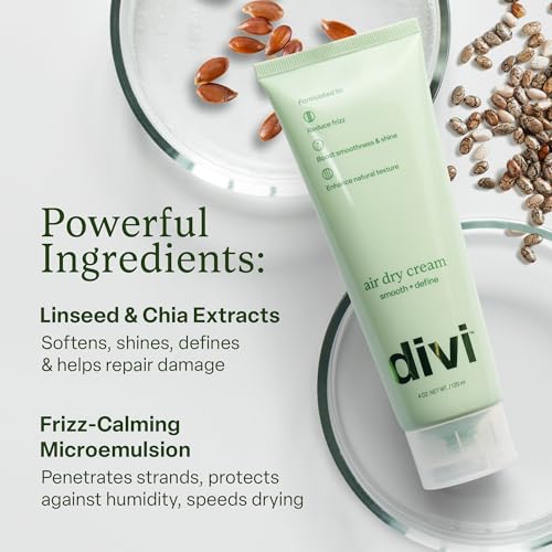 Divi Air Dry Styling Cream featuring linseed and chia extracts with frizz-calming microemulsion for softness, shine, and humidity protection.