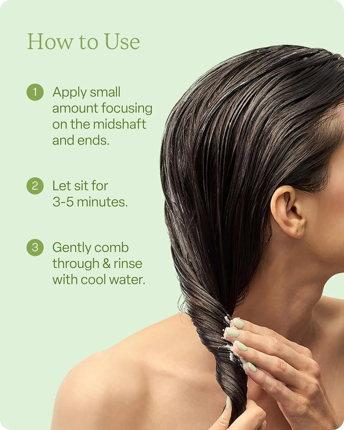Woman applying Divi Hydrating Conditioner to mid-lengths and ends of wet hair with step-by-step usage instructions displayed.