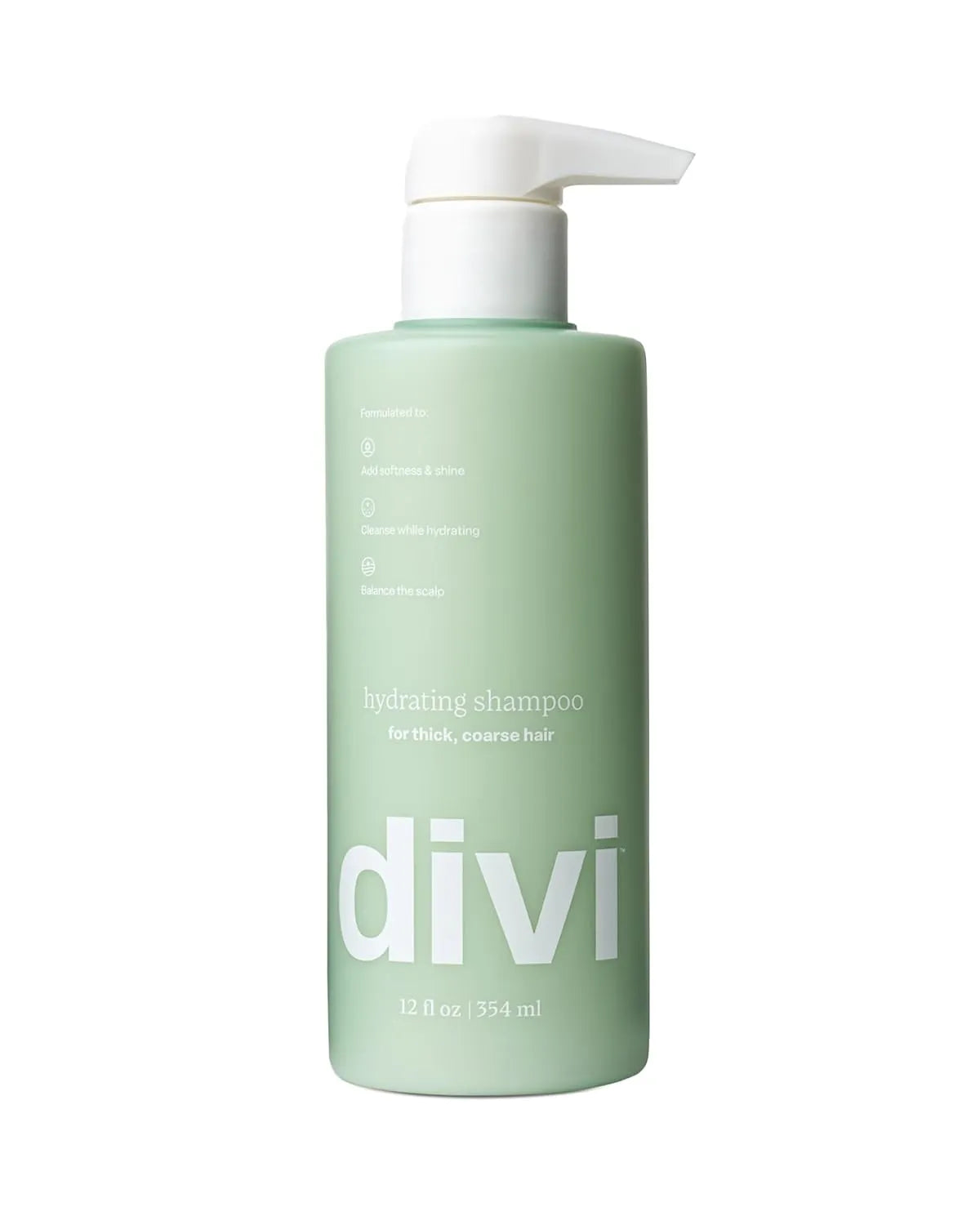 Green shampoo bottle with pump labeled 'divi' on a white background