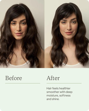 Before and after comparison showing smoother, shinier, and healthier-looking hair after using Divi Hydrating shampoo.