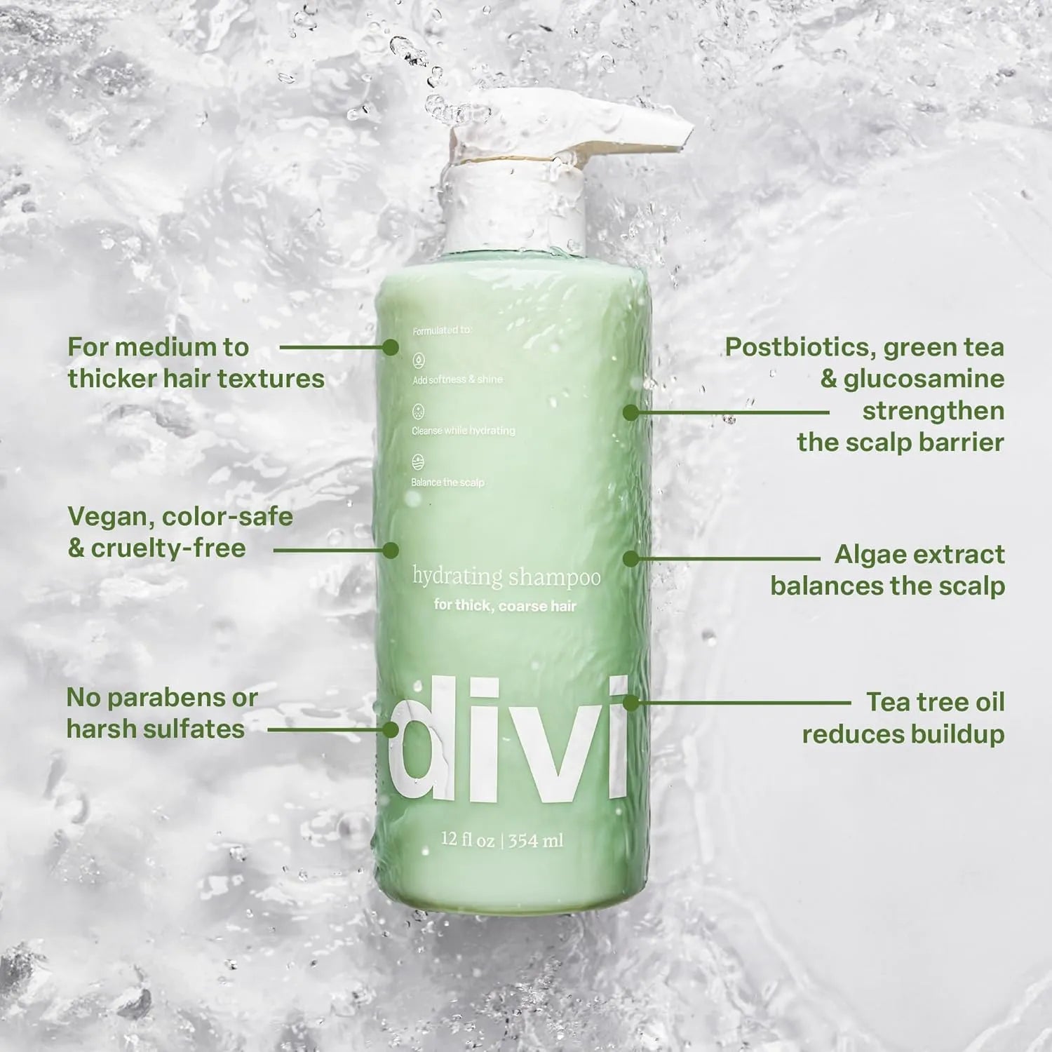 Divi Hydrating shampoo bottle surrounded by water highlighting vegan, color-safe formula with algae extract, tea tree oil, and postbiotics.