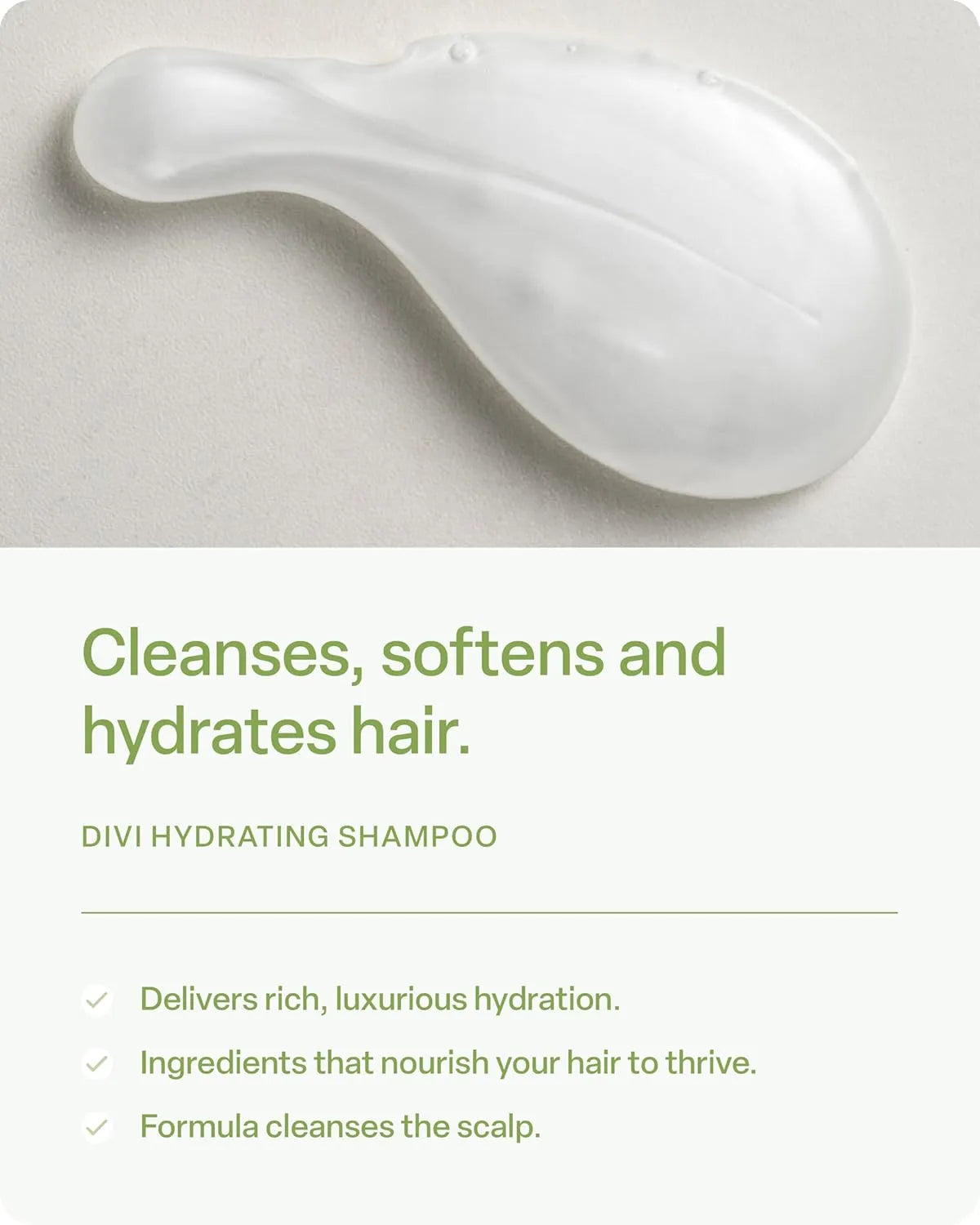 Divi Hydrating Shampoo benefits panel highlighting rich hydration, nourishing ingredients, and scalp-cleansing formula.