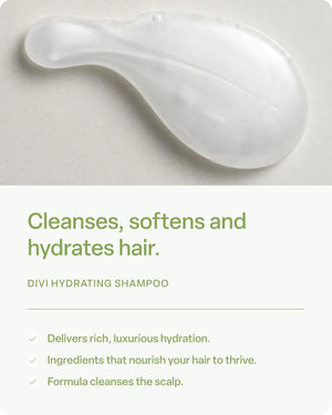 Divi Hydrating Shampoo benefits panel highlighting rich hydration, nourishing ingredients, and scalp-cleansing formula.