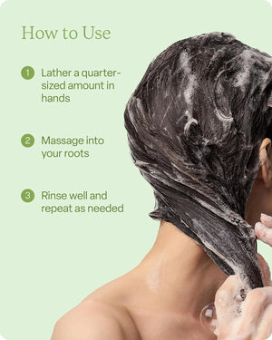 Woman massaging Divi Hydrating Shampoo into wet hair showing how to lather, massage into roots, and rinse for best results.