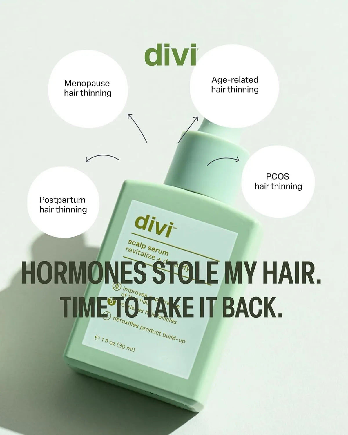 Divi scalp serum bottle with text about hair thinning causes on a light gray background