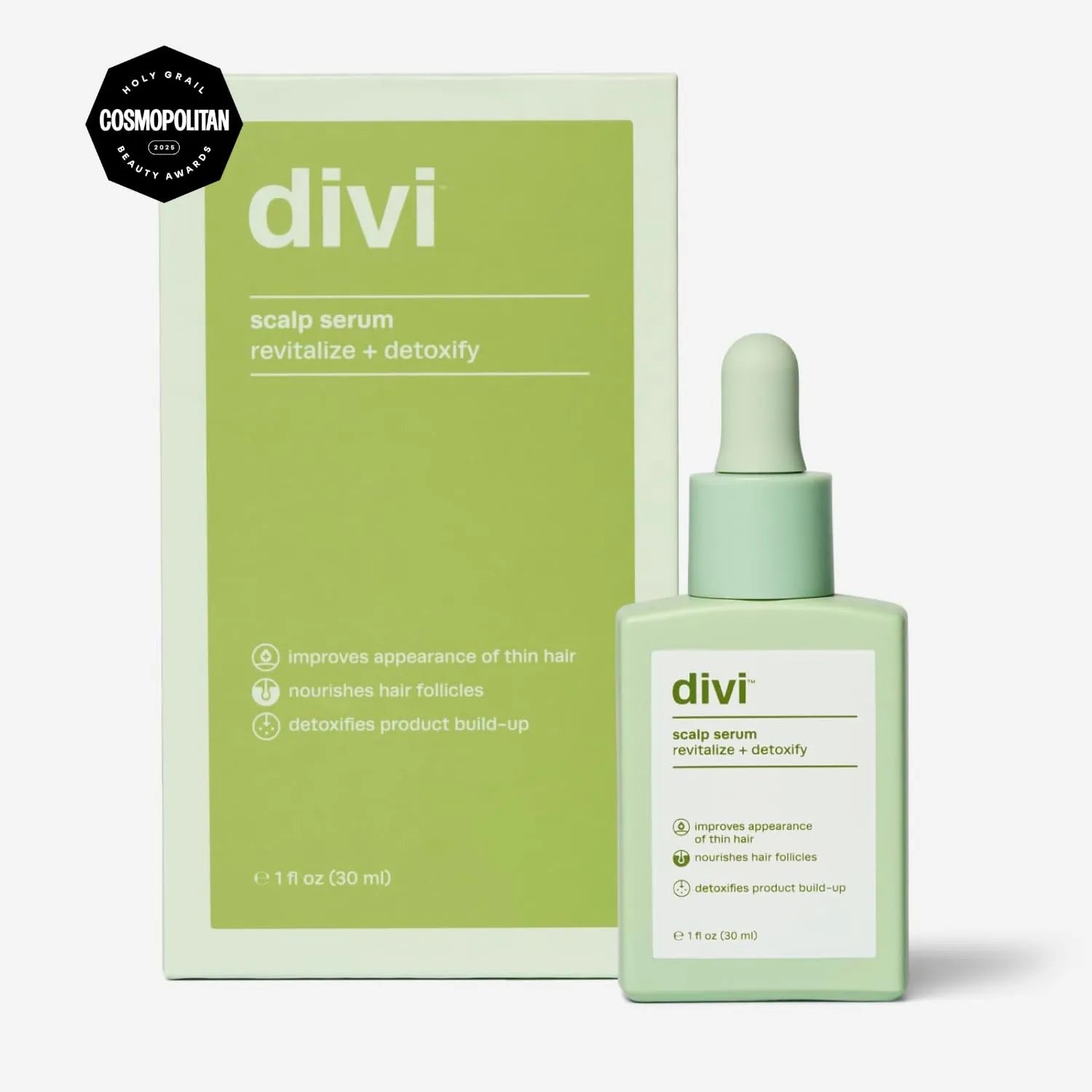 Divi scalp serum packaging with green bottle and box on a white background