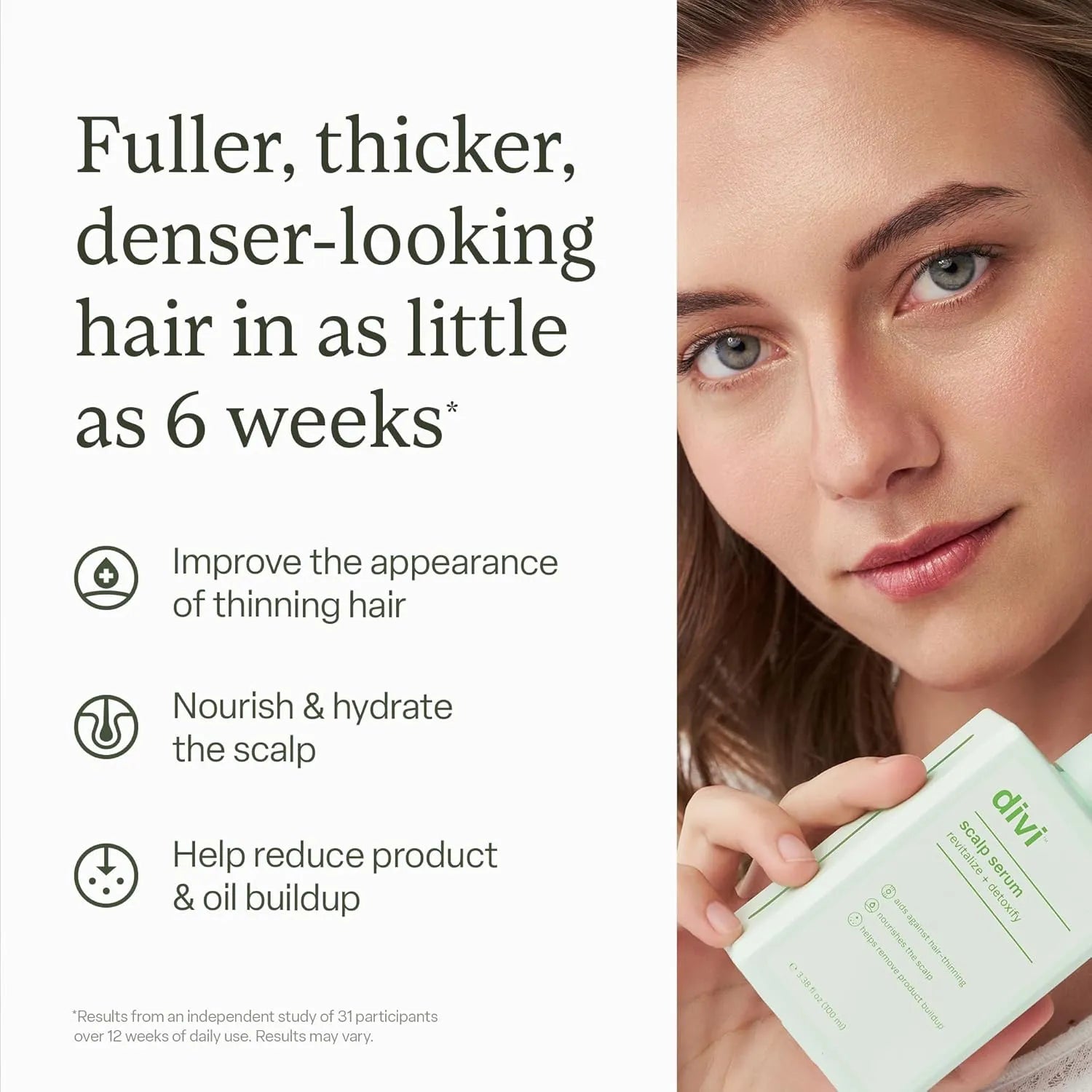 Divi Scalp Serum promoting fuller, thicker, denser-looking hair in as little as six weeks with scalp-nourishing formula.