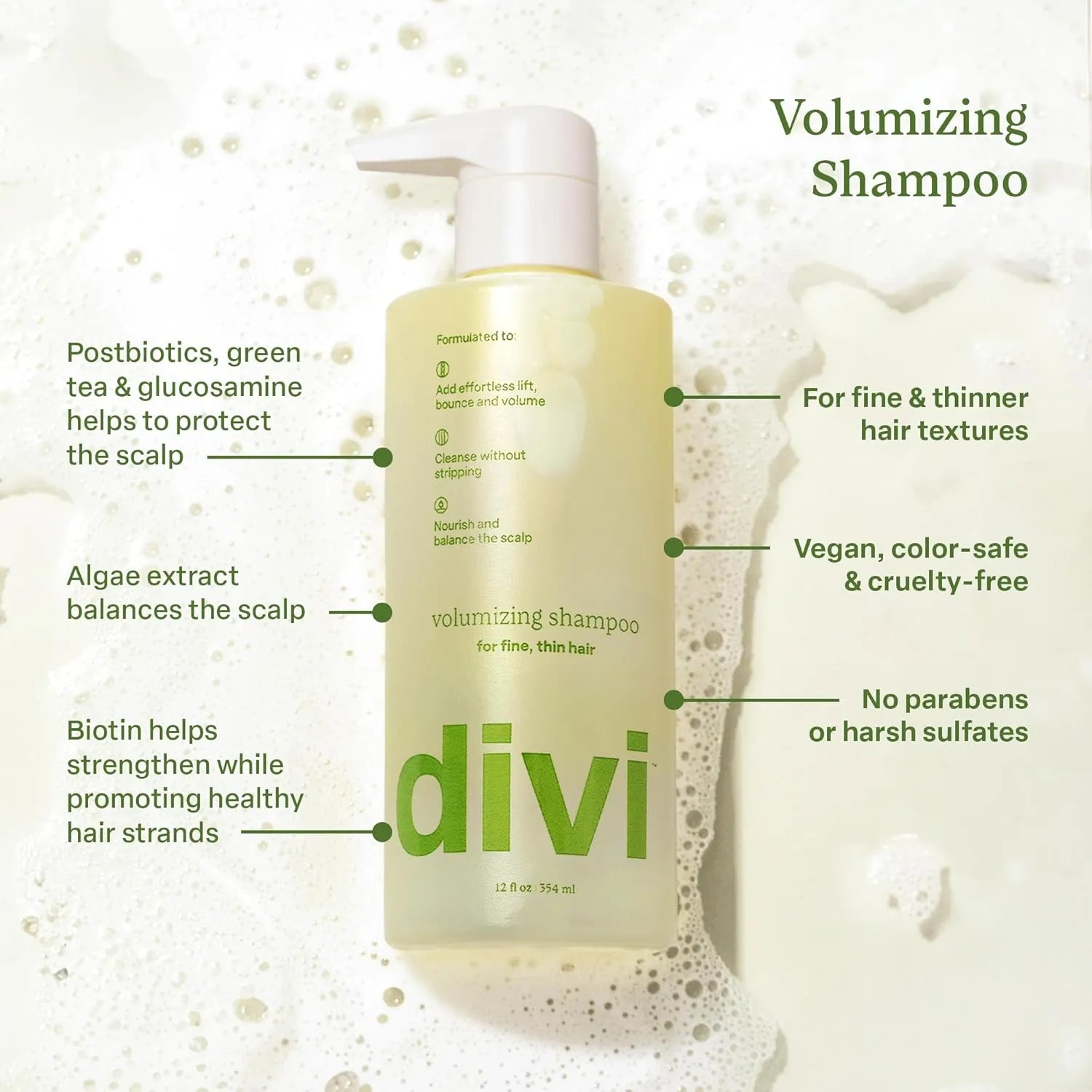 Divi Volumizing Shampoo for fine and thin hair highlighting scalp protection, algae extract, biotin, and sulfate-free formula.