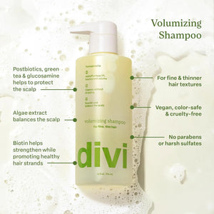 Divi Volumizing Shampoo for fine and thin hair highlighting scalp protection, algae extract, biotin, and sulfate-free formula.