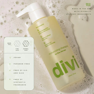 Divi Volumizing Shampoo lightweight formula texture with pump bottle for fine and thin hair.