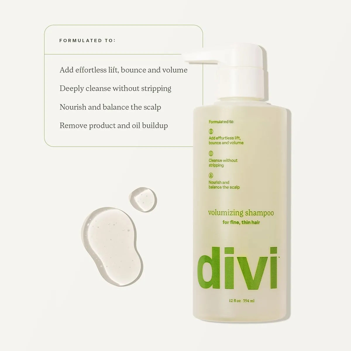 Divi Volumizing Shampoo bottle with benefits for fine hair, vegan formula, paraben-free, sulfate-free, and cruelty-free.