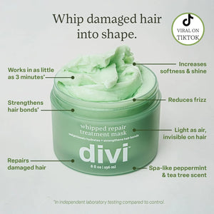 Green jar of divi whipped repair treatment mask with text highlighting features on a light gray background