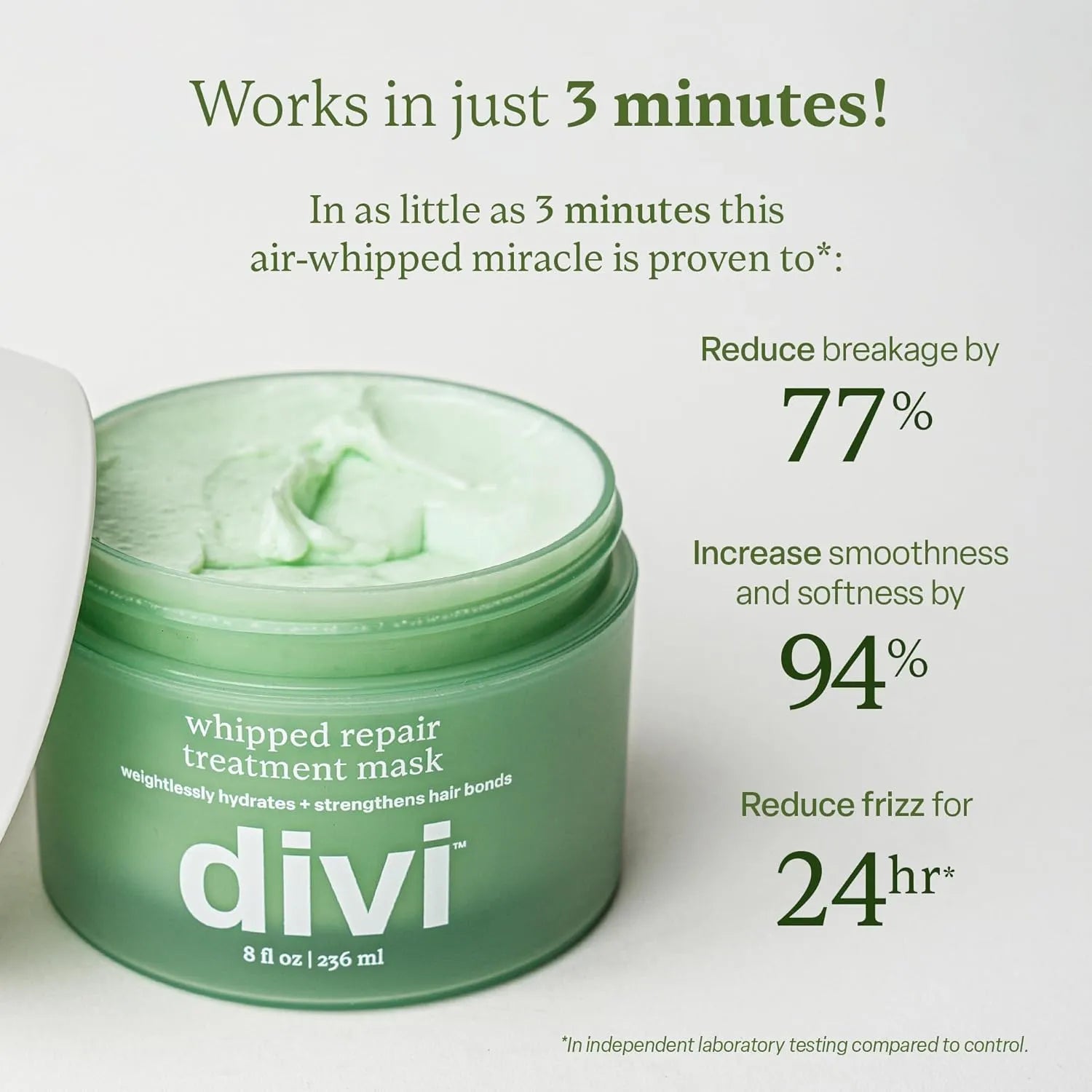 Green jar of divi whipped repair treatment mask with text highlighting benefits on a white background