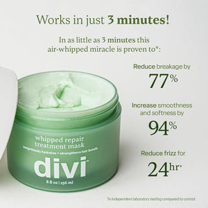 Green jar of divi whipped repair treatment mask with text highlighting benefits on a white background