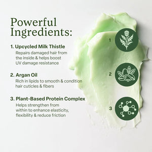 Product packaging with green texture and text detailing ingredients on a white background