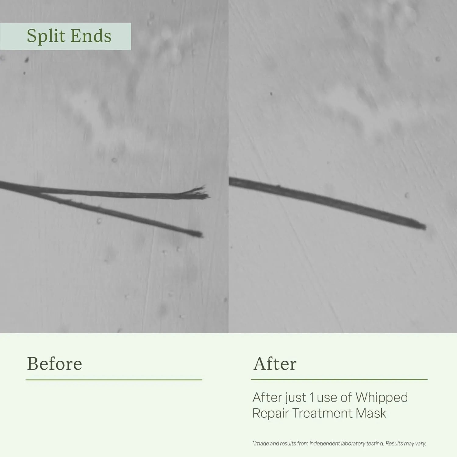 Before and after comparison of split ends with a treatment mask application.