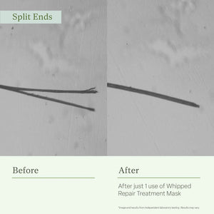 Before and after comparison of split ends with a treatment mask application.
