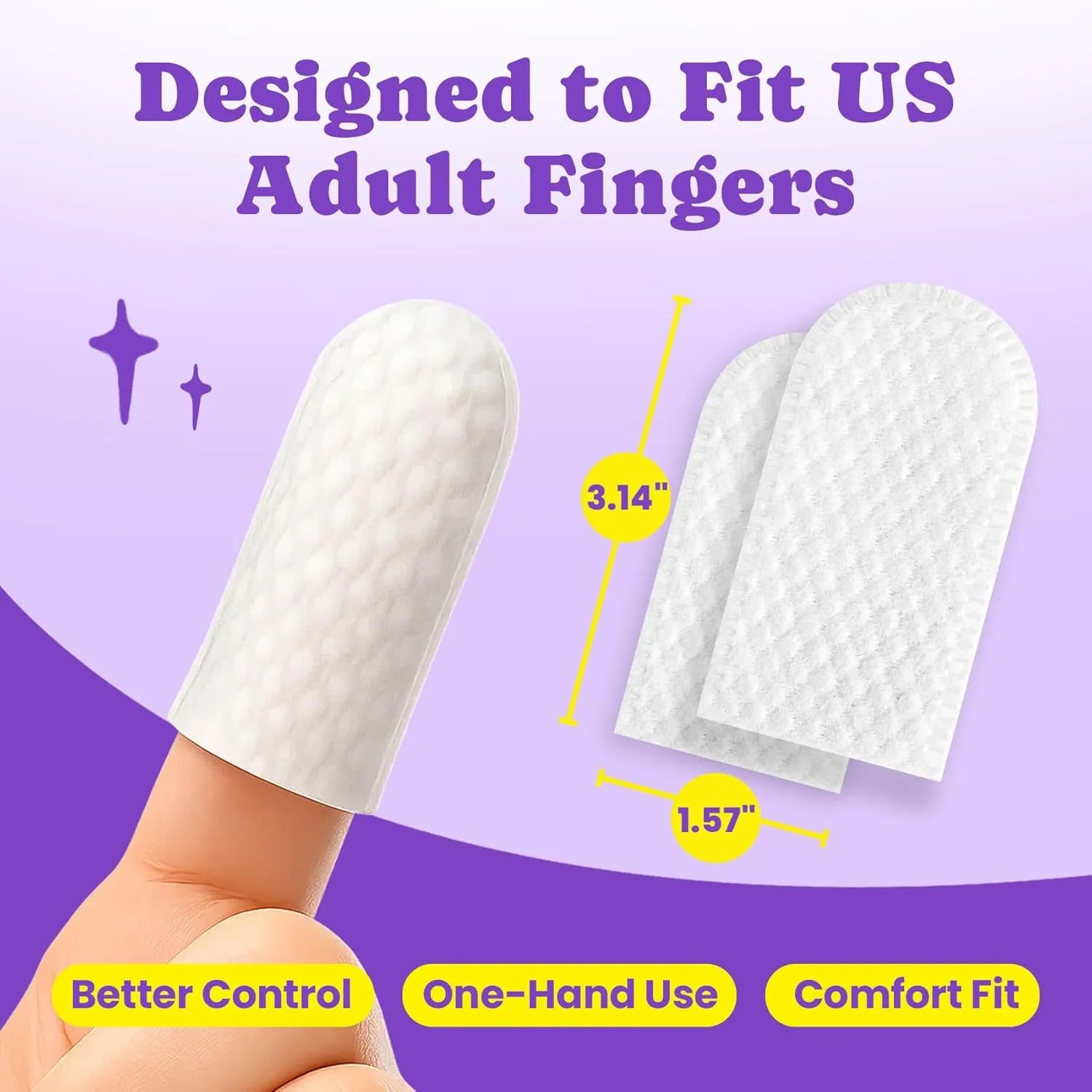 Close-up of dental finger wipe showing size dimensions and textured surface.