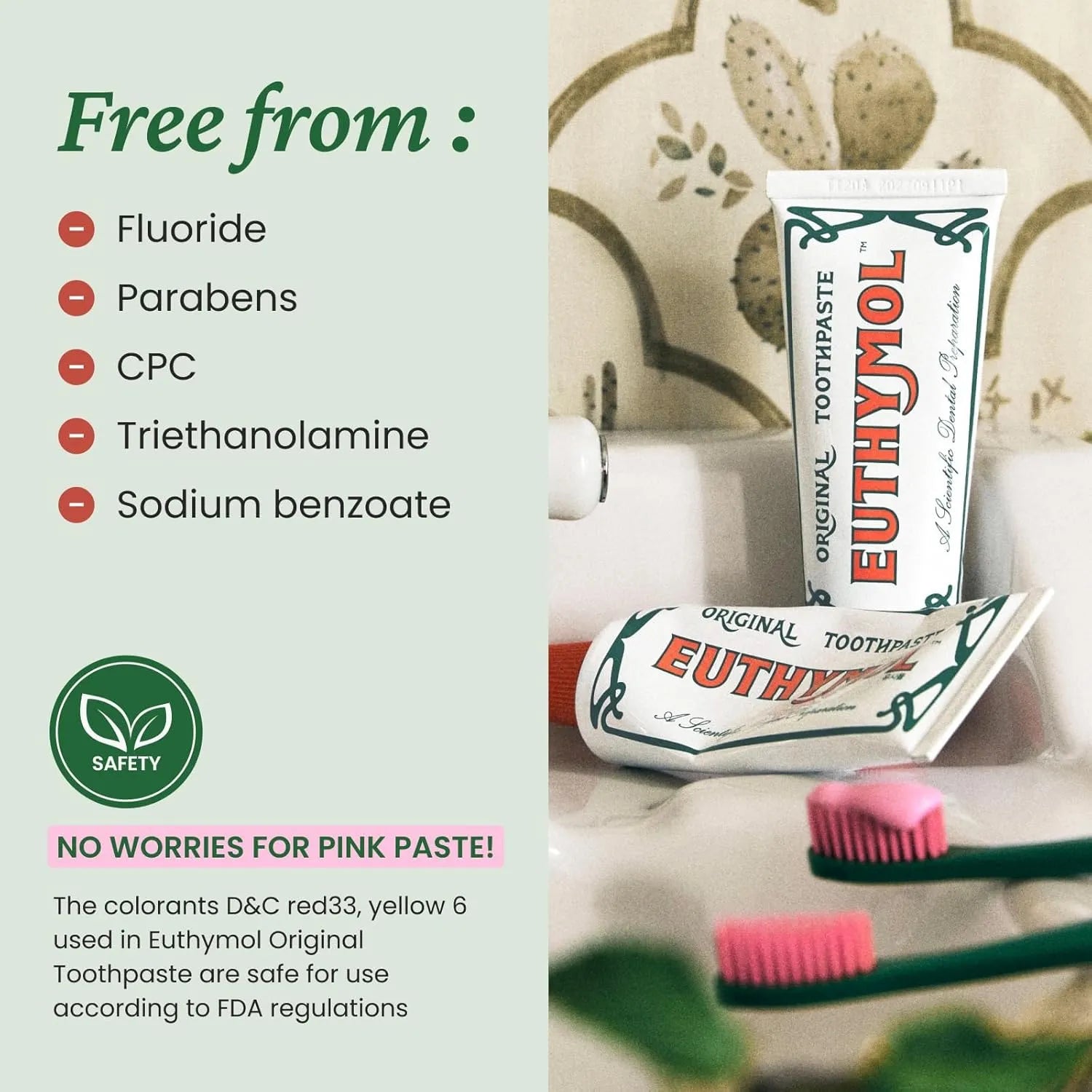 Euthymol natural fluoride-free pink toothpaste in recyclable aluminum tube with “free from fluoride, parabens and CPC” ingredient highlights displayed in a bathroom setting.