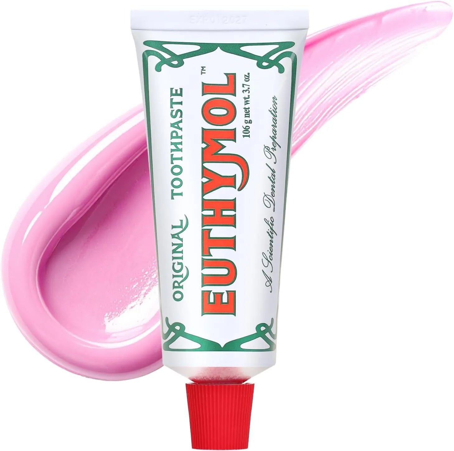Euthymol original pink toothpaste 3.7 oz natural fluoride-free formula in recyclable aluminum travel-size tube on pink background.