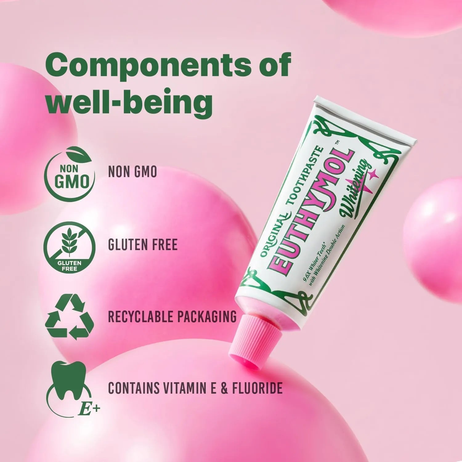 Euthymol Original Whitening Toothpaste showing components of well-being including non GMO, gluten free and recyclable packaging benefits.