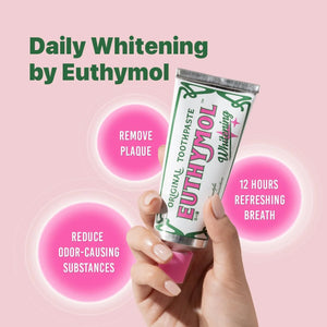 Hand holding Euthymol Original Whitening Toothpaste highlighting plaque removal, reduced odor causing substances and 12 hours refreshing breath.